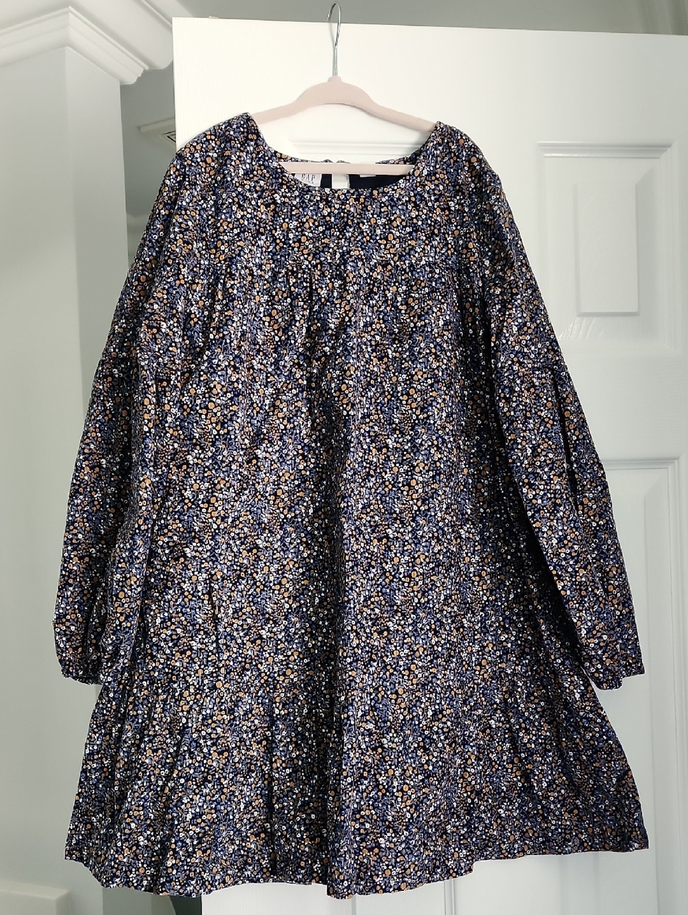 GAP Navy Floral Long Sleeve Swing Dress with Gold Accents